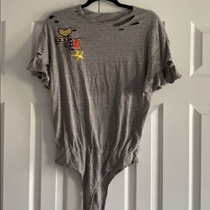 Dance & Marvel Grey Patch Ruffle Sleeve Bodysuit with Distressed Holes